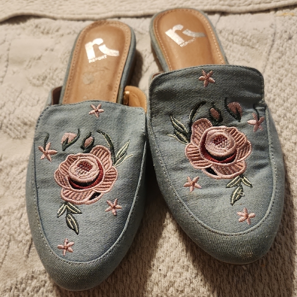Report Denim Blue Embroidered Pink Rose Floral Mules Size 7.5